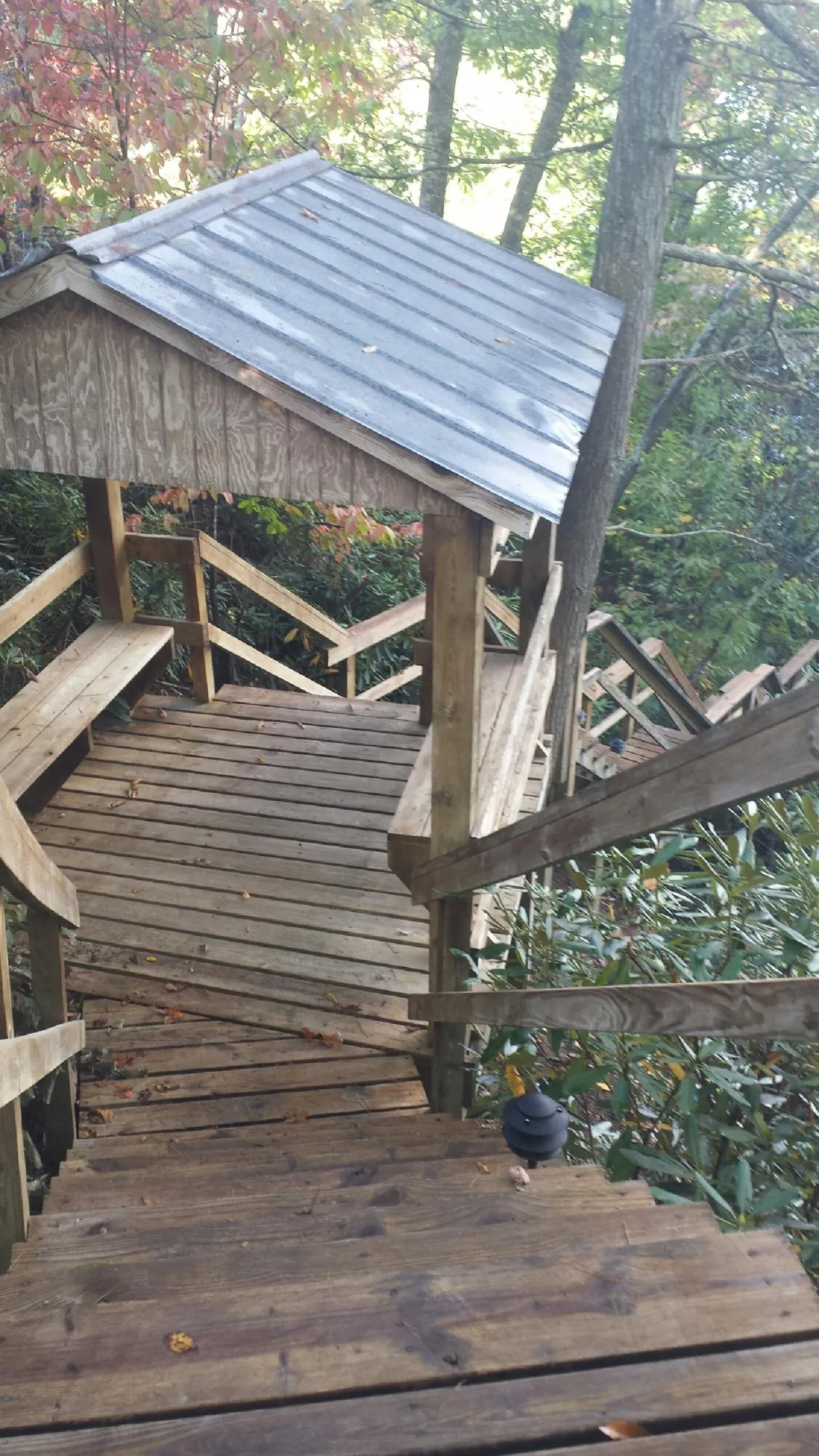 Metal roofed shelter over wooden steps on a wooded walkway — Skylight Repair & Installation work by our crew in Five Points